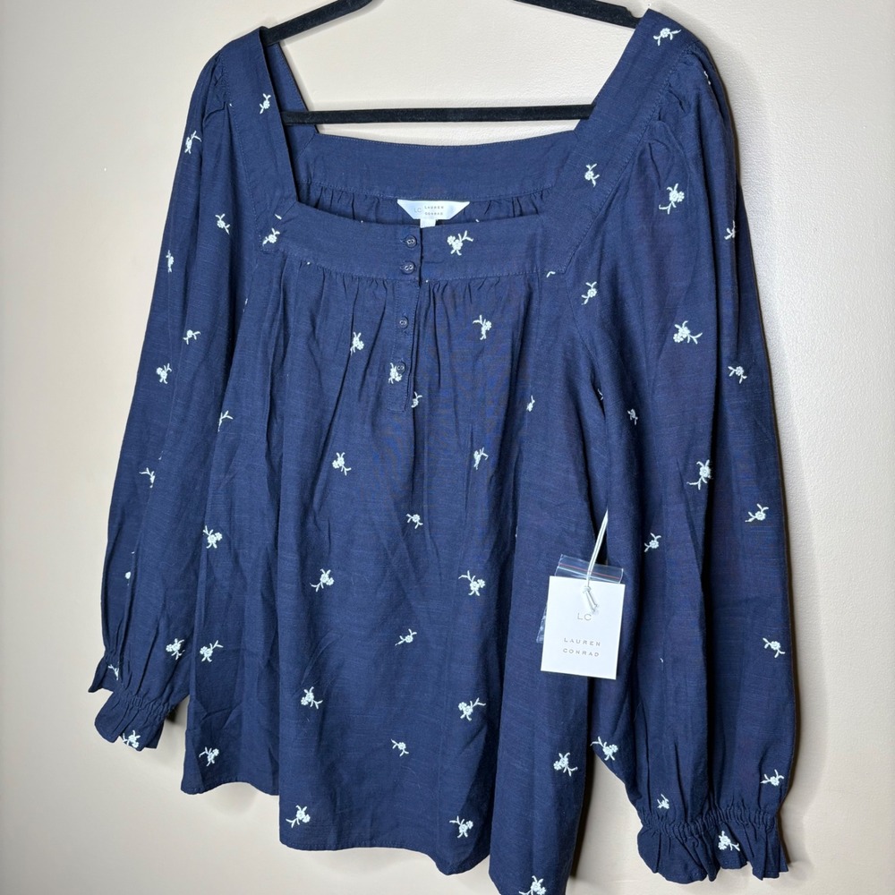 NEW Lauren Conrad Women XL Navy Blue Embroidered Square Neck Peasant Blouse Top